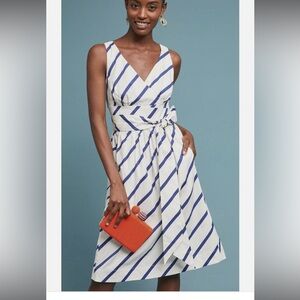 TRACY REESE X Anthropologie Dress Size 2 Tie Waist Frock 426 Marine Ivory
